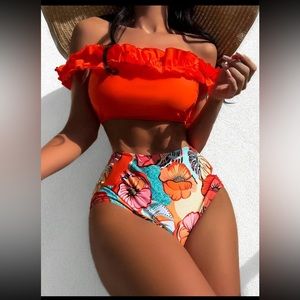 NEW! SHEIN Orange/Red Tropical Floral Ruffle High Waist Bikini, M